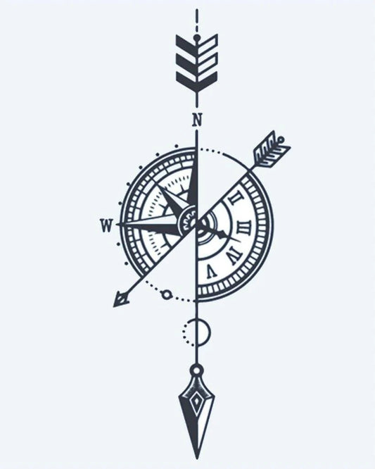 Tatuaje semi-permanente Brújula y Flecha diseño de INKON – ilustración de brújula, rosa, fusionado, reloj, rostro, 4 x 7 in (10x17cm), disponible en inkon.co