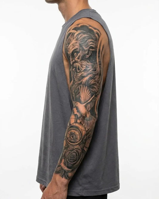 INKON Zeus, Paloma y Globo tatuaje semi-permanente aplicado en un hombre – diseño de 8 x 20 in (20x50cm), apariencia de tinta realista, dura 10 días