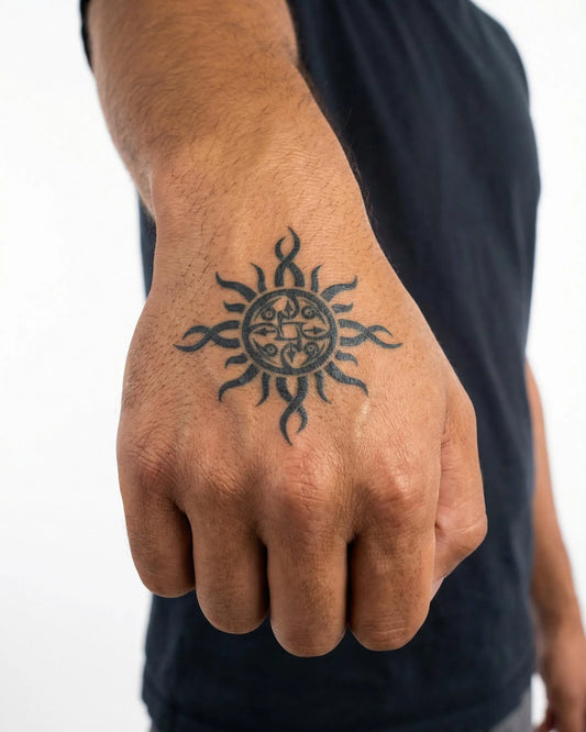INKON Sol Tribal tatuaje semi-permanente aplicado en un hombre – diseño de 2 x 2 in (5x5cm), apariencia de tinta realista, dura 10 días