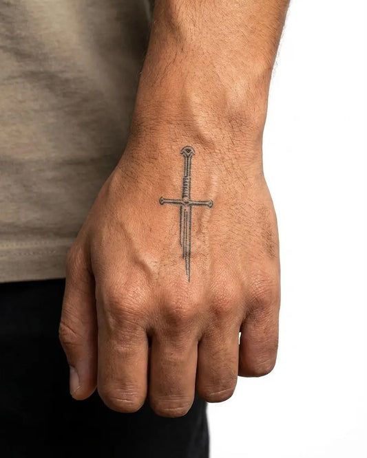 INKON Espada Medieval tatuaje semi-permanente aplicado en un hombre – diseño de 2 x 2 in (5x5cm), apariencia de tinta realista, dura 10 días