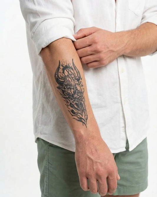 INKON Calavera Demoníaca tatuaje semi-permanente aplicado en un hombre – diseño de 4 x 7 in (10x17cm), apariencia de tinta realista, dura 10 días