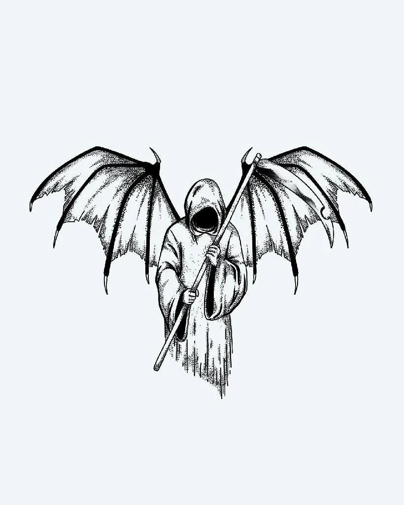 Tatuaje semi-permanente Segador Alado diseño de INKON – ilustración de oscuro, dramático, encapuchado, sombrío, parca, 4 x 7 in (10x17cm), disponible en inkon.co