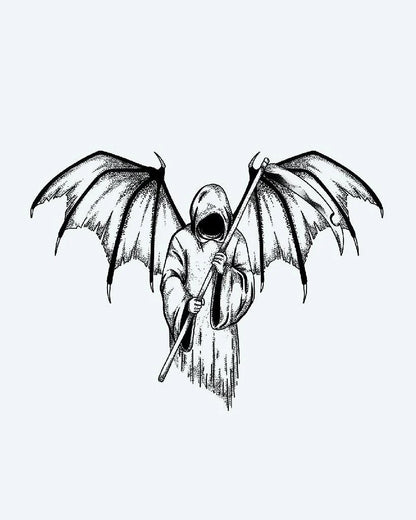 Tatuaje semi-permanente Segador Alado diseño de INKON – ilustración de oscuro, dramático, encapuchado, sombrío, parca, 4 x 7 in (10x17cm), disponible en inkon.co