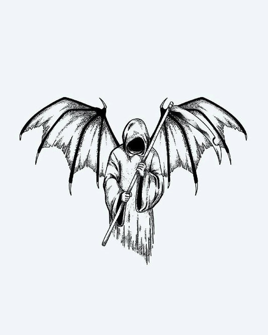 Tatuaje semi-permanente Segador Alado diseño de INKON – ilustración de oscuro, dramático, encapuchado, sombrío, parca, 4 x 7 in (10x17cm), disponible en inkon.co