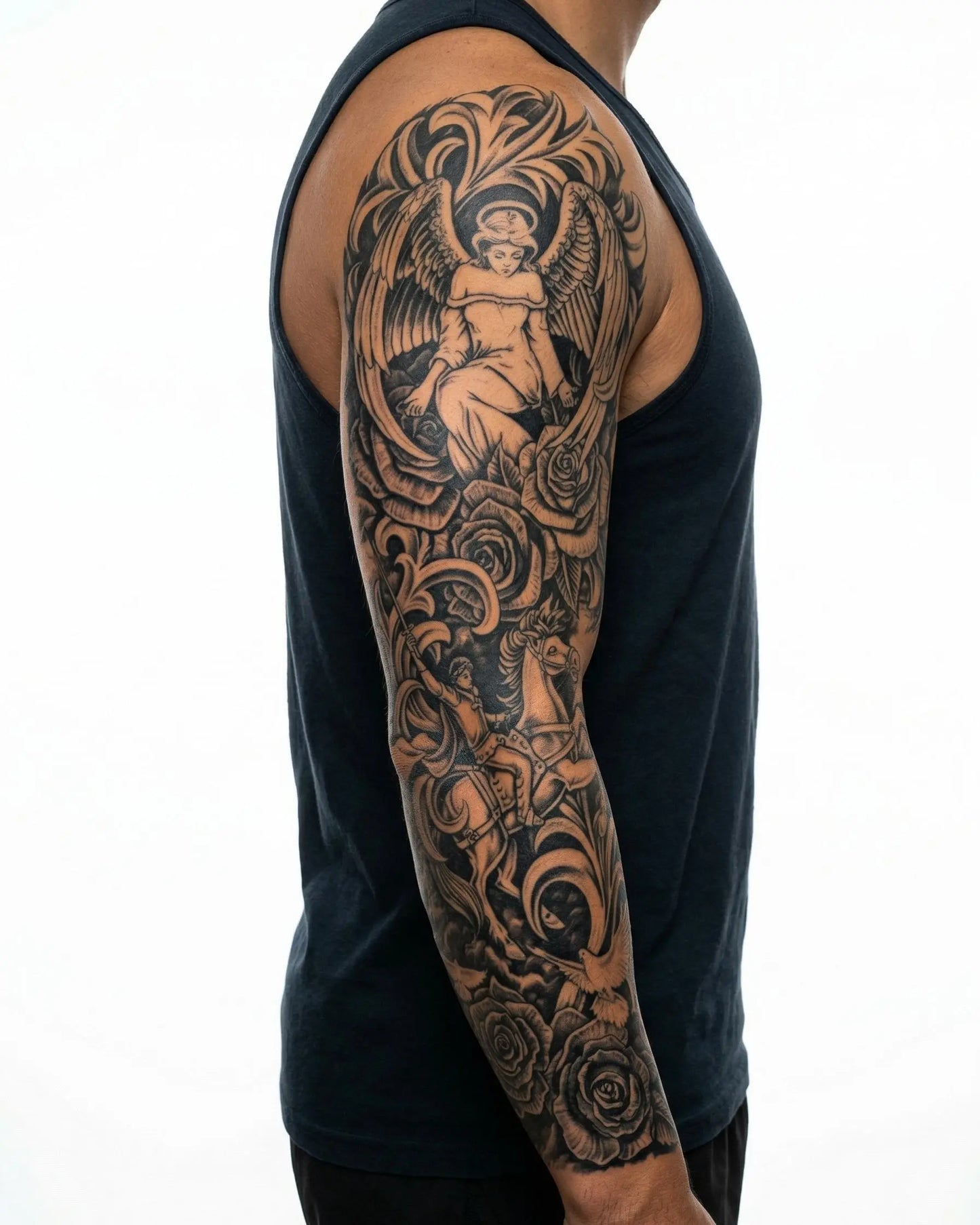 INKON Ángel y Querubín tatuaje semi-permanente aplicado en un hombre – diseño de 8 x 20 in (20x50cm), apariencia de tinta realista, dura 10 días