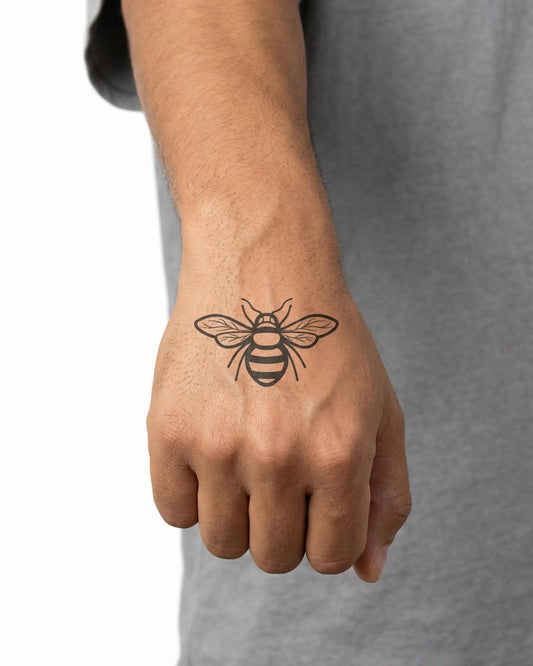 INKON Abeja de Miel 2 tatuaje semi-permanente aplicado en un hombre – diseño de 2 x 2 in (5x5cm), apariencia de tinta realista, dura 10 días
