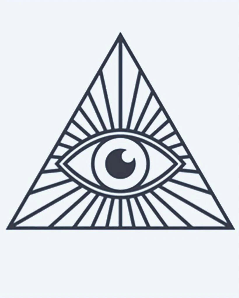 Tatuaje semi-permanente Ojo que Todo lo Ve diseño de INKON – ilustración de providencia, dentro, triángulo, irradiando, luz, 2 x 2 in (5x5cm), disponible en inkon.co