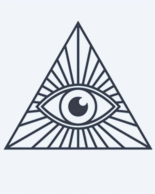 Tatuaje semi-permanente Ojo que Todo lo Ve diseño de INKON – ilustración de providencia, dentro, triángulo, irradiando, luz, 2 x 2 in (5x5cm), disponible en inkon.co