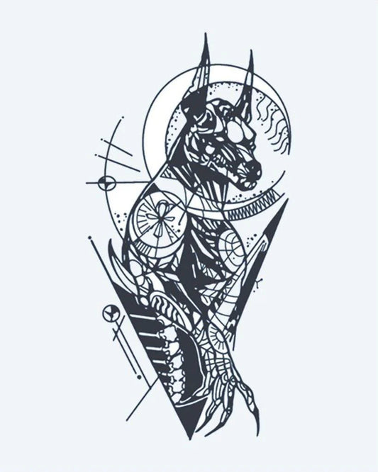 Tatuaje semi-permanente Anubis Geométrico diseño de INKON – ilustración de egipcio, anubis, renderizado, geométrico, mecánico, 4 x 7 in (10x17cm), disponible en inkon.co