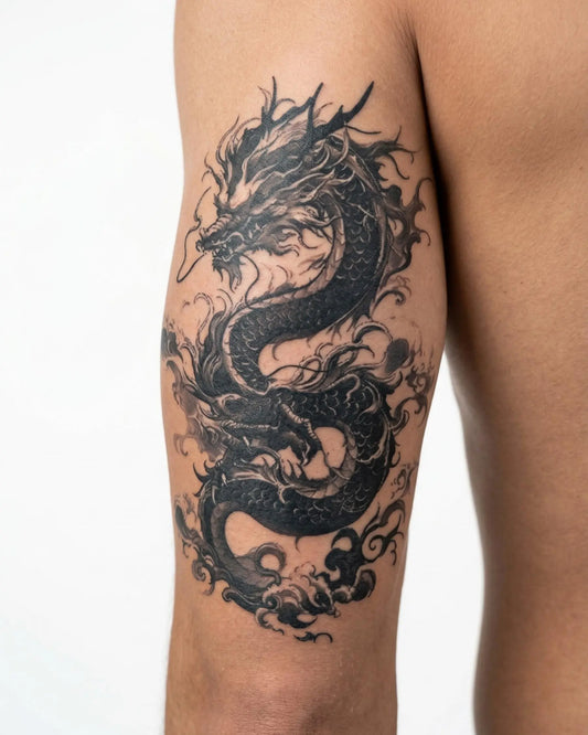 INKON Dragón Asiático tatuaje semi-permanente aplicado en un hombre – diseño de 4 x 7 in (10x17cm), apariencia de tinta realista, dura 10 días
