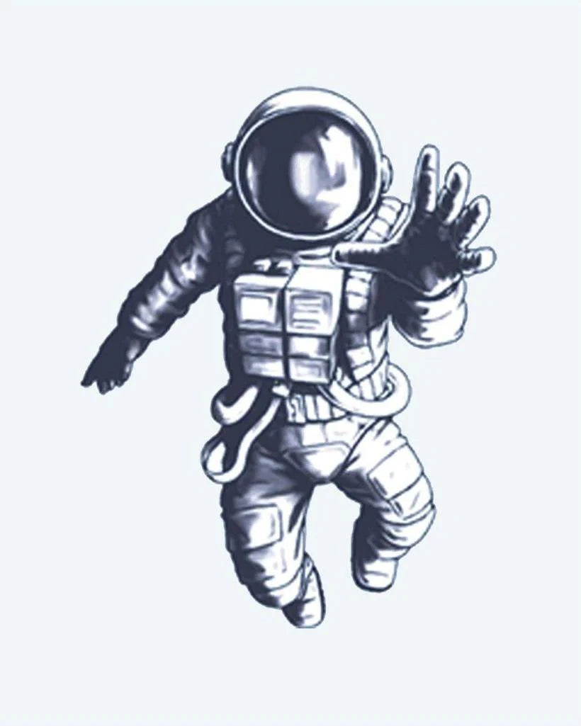 Tatuaje semi-permanente Astronauta Flotando diseño de INKON – ilustración de astronauta, flotando, cero, gravedad, alcanzando, 2 x 2 in (5x5cm), disponible en inkon.co