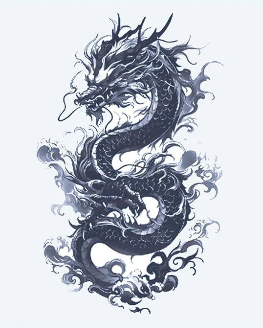Tatuaje semi-permanente Dragón Asiático diseño de INKON – ilustración de majestuoso, enroscándose, asiático, dragón, fluido, 4 x 7 in (10x17cm), disponible en inkon.co