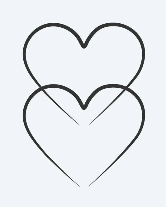Tatuaje semi-permanente Corazones Dobles diseño de INKON – ilustración de superpuesto, contorneado, corazones, línea, detrás, 2 x 2 in (5x5cm), disponible en inkon.co
