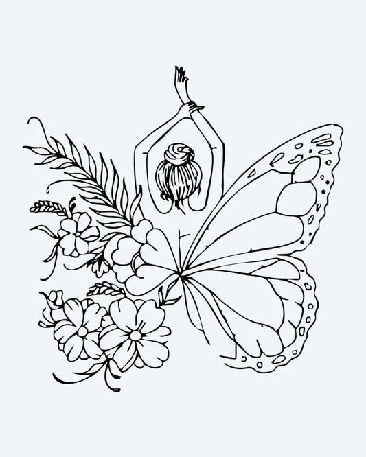 Tatuaje semi-permanente Mujer Mariposa Floral diseño de INKON – ilustración de caprichoso, mujer, mariposa, alas, rodeado, 4 x 4 in (9x9cm), disponible en inkon.co