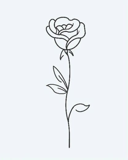 Tatuaje semi-permanente Rosa Solitaria diseño de INKON – ilustración de delicado, único, con tallo, rosa, hojas, 2 x 2 in (5x5cm), disponible en inkon.co