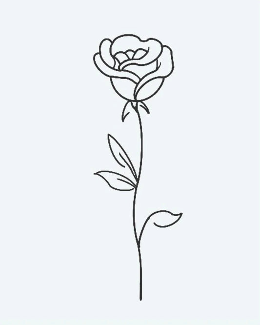Tatuaje semi-permanente Rosa Solitaria diseño de INKON – ilustración de delicado, único, con tallo, rosa, hojas, 2 x 2 in (5x5cm), disponible en inkon.co