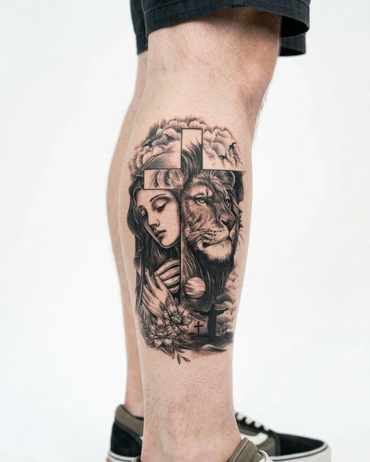 INKON Mujer en Oración, León y Cruz tatuaje semi-permanente aplicado en un hombre – diseño de 4 x 7 in (10x17cm), apariencia de tinta realista, dura 10 días