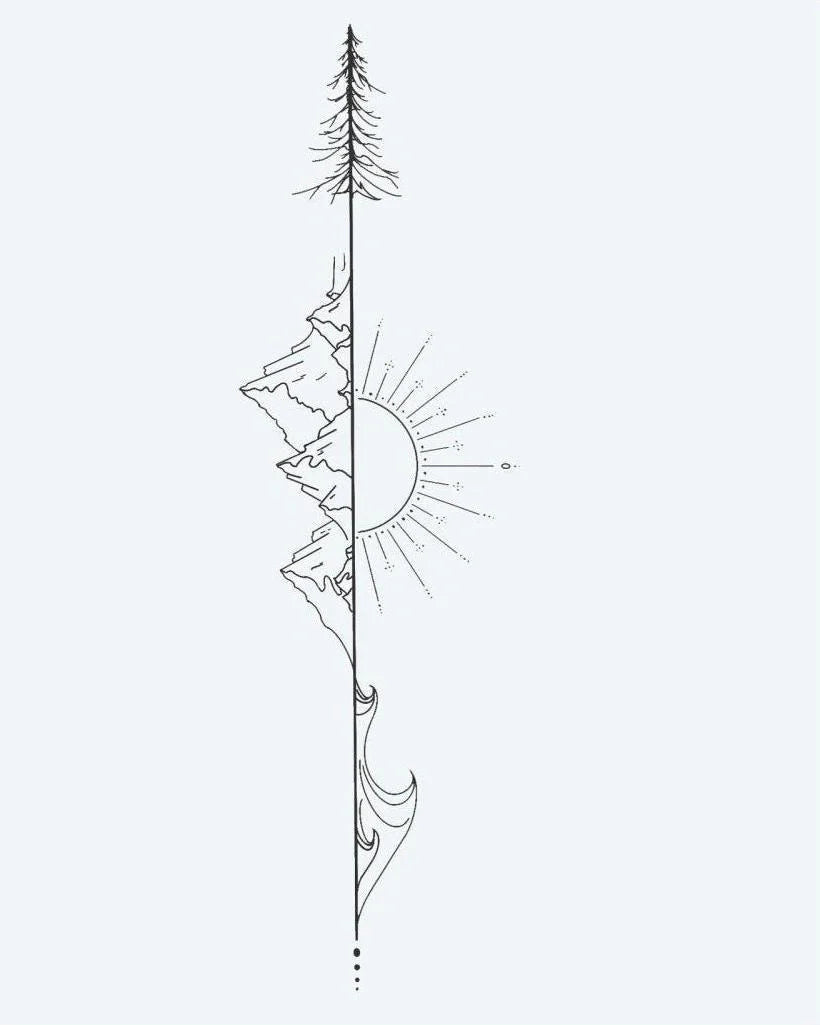 Tatuaje semi-permanente Flecha Natural diseño de INKON – ilustración de vertical, línea, combinando, pino, árbol, 4 x 7 in (10x17cm), disponible en inkon.co
