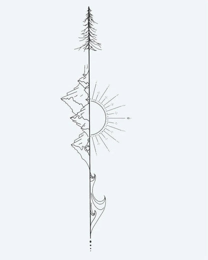 Tatuaje semi-permanente Flecha Natural diseño de INKON – ilustración de vertical, línea, combinando, pino, árbol, 4 x 7 in (10x17cm), disponible en inkon.co