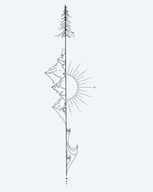Tatuaje semi-permanente Flecha Natural diseño de INKON – ilustración de vertical, línea, combinando, pino, árbol, 4 x 7 in (10x17cm), disponible en inkon.co