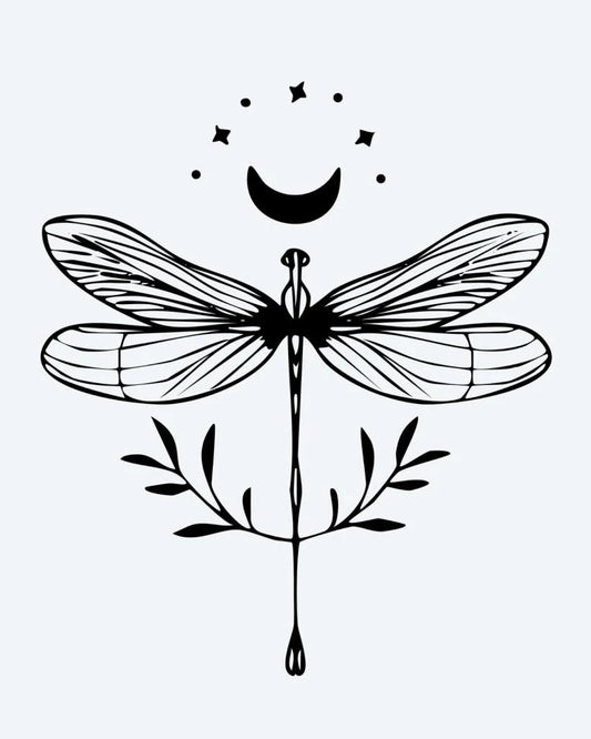 Tatuaje semi-permanente Libélula Celestial diseño de INKON – ilustración de caprichoso, libélula, luna creciente, luna, estrellas, 3 x 4 in (6x11cm), disponible en inkon.co