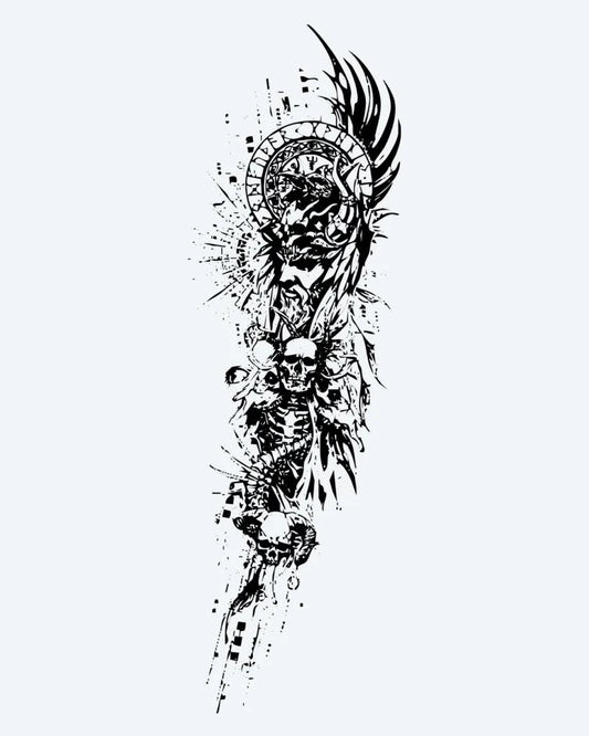 Tatuaje semi-permanente Ángel Oscuro y Tótem de Calaveras diseño de INKON – ilustración de intenso, angelical, figura, calaveras, alas, 8 x 20 in (20x50cm), disponible en inkon.co