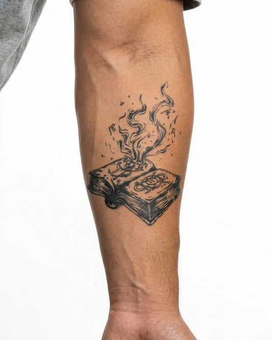 INKON Libro de Hechizos en Llamas tatuaje semi-permanente aplicado en un hombre – diseño de 4 x 4 in (9x9cm), apariencia de tinta realista, dura 10 días