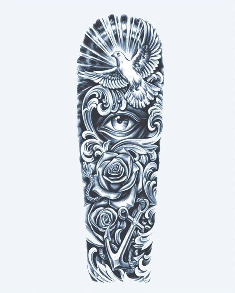 Tatuaje semi-permanente Paloma, Ojo y Ancla diseño de INKON – ilustración de simbólico, completo, manga, paloma, vuelo, 8 x 20 in (20x50cm), disponible en inkon.co