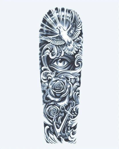 Tatuaje semi-permanente Paloma, Ojo y Ancla diseño de INKON – ilustración de simbólico, completo, manga, paloma, vuelo, 8 x 20 in (20x50cm), disponible en inkon.co