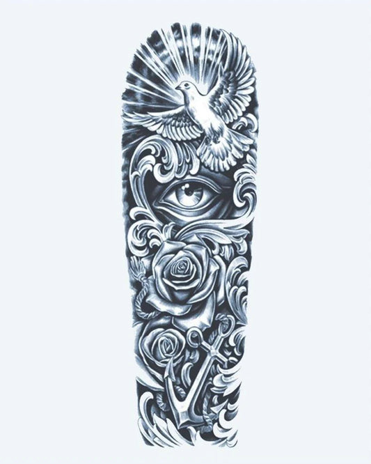 Tatuaje semi-permanente Paloma, Ojo y Ancla diseño de INKON – ilustración de simbólico, completo, manga, paloma, vuelo, 8 x 20 in (20x50cm), disponible en inkon.co