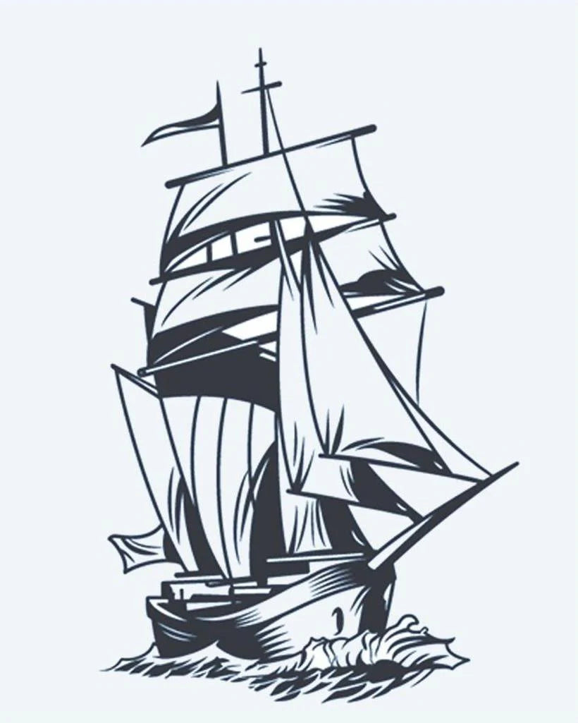 Tatuaje semi-permanente Velero diseño de INKON – ilustración de alto, barco, completo, velas, cortando, 4 x 7 in (10x17cm), disponible en inkon.co
