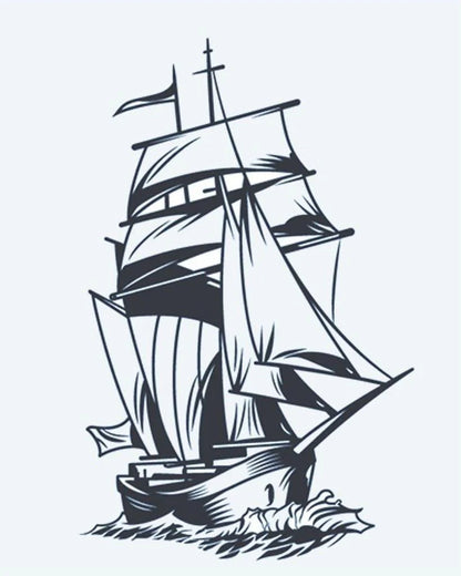 Tatuaje semi-permanente Velero diseño de INKON – ilustración de alto, barco, completo, velas, cortando, 4 x 7 in (10x17cm), disponible en inkon.co