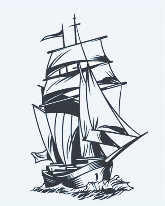 Tatuaje semi-permanente Velero diseño de INKON – ilustración de alto, barco, completo, velas, cortando, 4 x 7 in (10x17cm), disponible en inkon.co