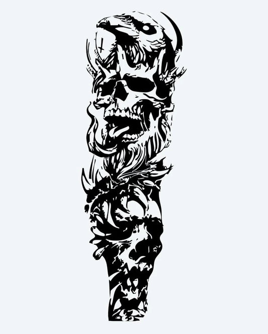 Tatuaje semi-permanente Caos Floral y Calavera diseño de INKON – ilustración de agresivo, gruñendo, calavera, arremolinándose, orgánico, 8 x 20 in (20x50cm), disponible en inkon.co