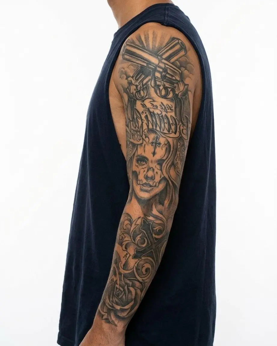 INKON Mujer Chicana y Revólveres tatuaje semi-permanente aplicado en un hombre – diseño de 8 x 20 in (20x50cm), apariencia de tinta realista, dura 10 días