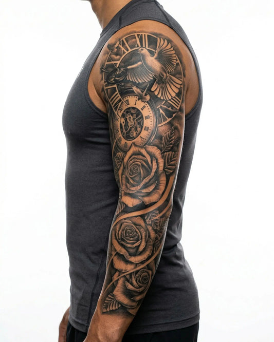 INKON Reloj, Paloma y Rosas tatuaje semi-permanente aplicado en un hombre – diseño de 8 x 20 in (20x50cm), apariencia de tinta realista, dura 10 días