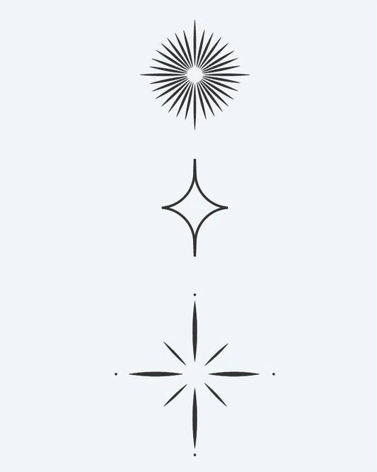 Tatuaje semi-permanente Trío de Estrellas Celestiales diseño de INKON – ilustración de minimalista, tres, geométrico, estrella, formas, 3 x 4 in (6x11cm), disponible en inkon.co