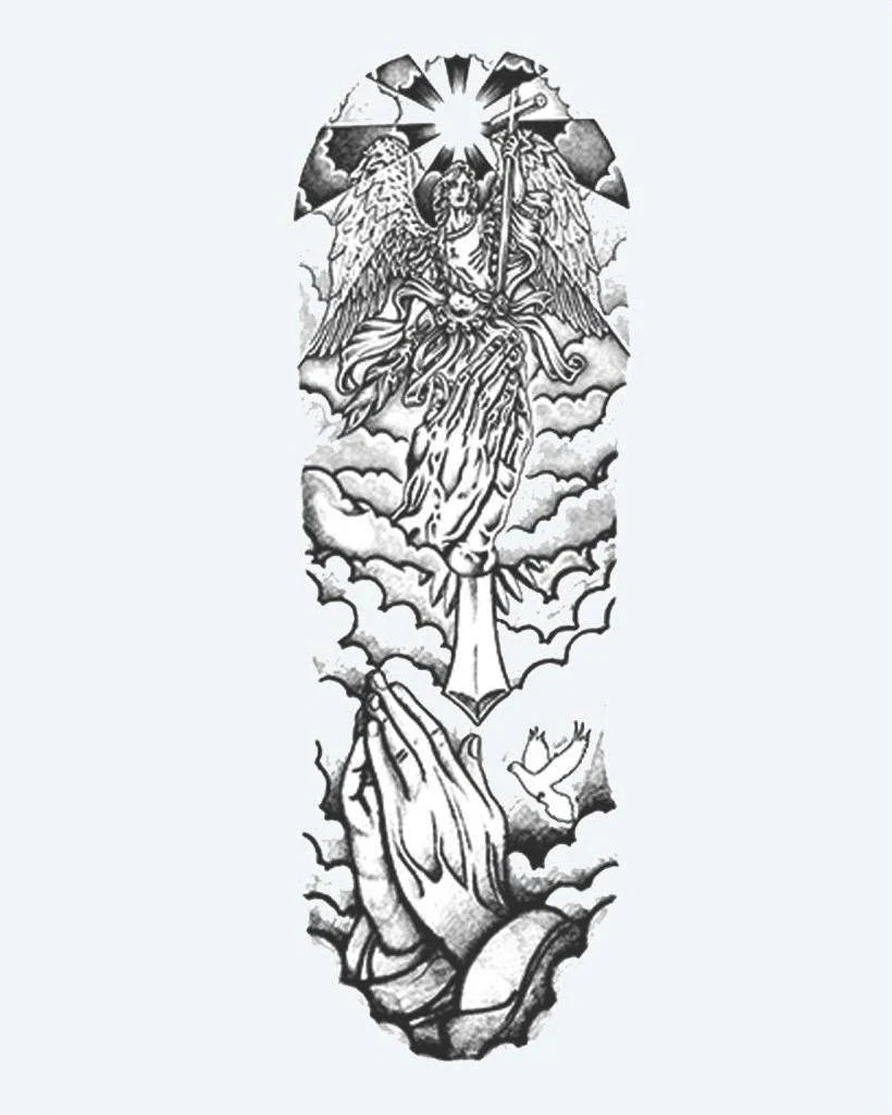 Tatuaje semi-permanente Manga de Ángel y Manos en Oración diseño de INKON – ilustración de espiritual, completo, manga, guardián, ángel, 8 x 20 in (20x50cm), disponible en inkon.co