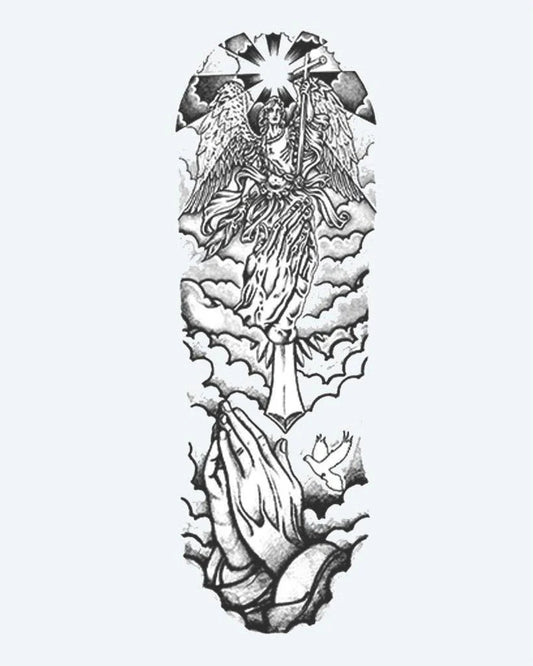 Tatuaje semi-permanente Manga de Ángel y Manos en Oración diseño de INKON – ilustración de espiritual, completo, manga, guardián, ángel, 8 x 20 in (20x50cm), disponible en inkon.co