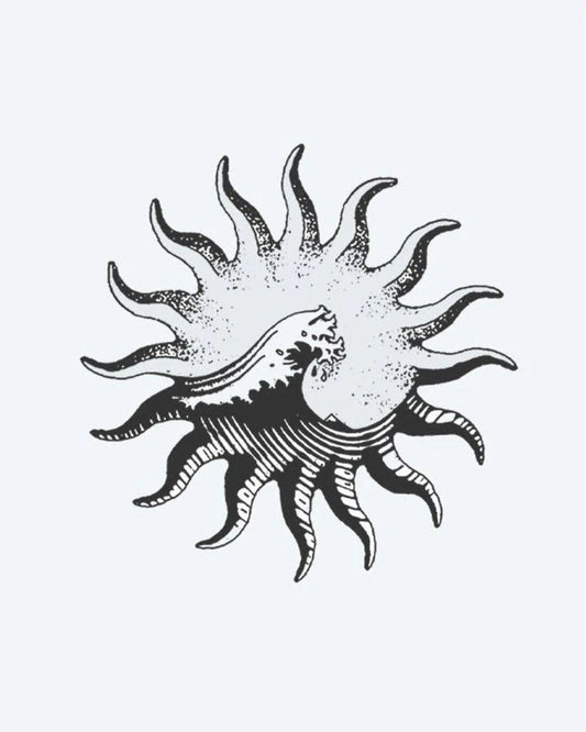 Tatuaje semi-permanente Sol y Ola diseño de INKON – ilustración de vintage, ondulado, rayos, rompiendo, océano, 4 x 4 in (9x9cm), disponible en inkon.co