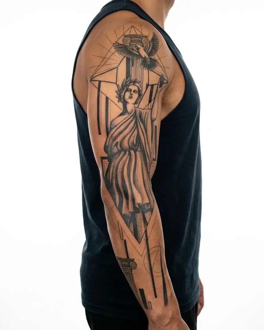 INKON Diosa Griega y Paloma tatuaje semi-permanente aplicado en un hombre – diseño de 8 x 20 in (20x50cm), apariencia de tinta realista, dura 10 días