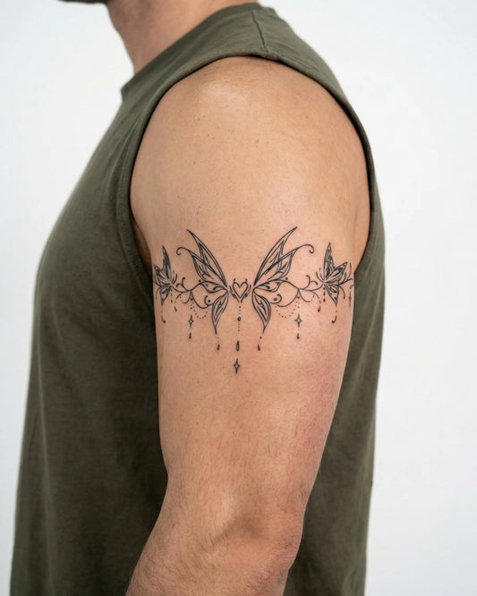 INKON Brazalete de Mariposas y Corazón tatuaje semi-permanente aplicado en un hombre – diseño de 4 x 8 in (11x21cm), apariencia de tinta realista, dura 10 días