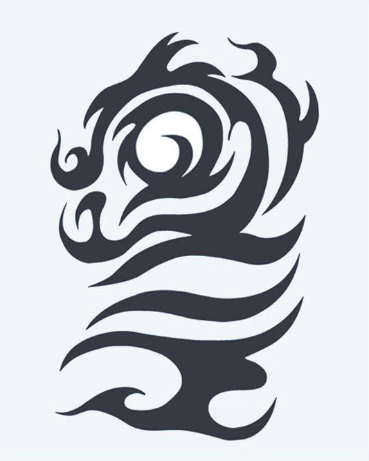 Tatuaje semi-permanente Cabeza de Dragón Tribal diseño de INKON – ilustración de tribal, dragón, cabeza, arremolinándose, curvas, 4 x 7 in (10x17cm), disponible en inkon.co