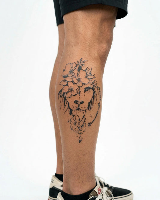 INKON León Floral tatuaje semi-permanente aplicado en un hombre – diseño de 4 x 7 in (10x17cm), apariencia de tinta realista, dura 10 días