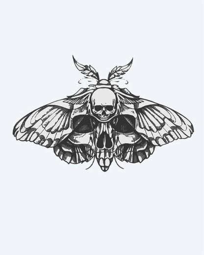 Tatuaje semi-permanente Polilla de la Muerte diseño de INKON – ilustración de polilla, calavera, patrón, tórax, intrincadamente, 3 x 4 in (6x11cm), disponible en inkon.co