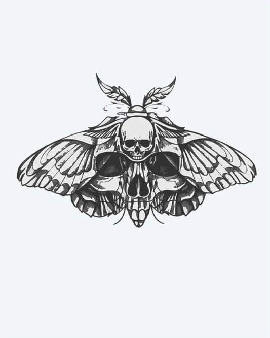 Tatuaje semi-permanente Polilla de la Muerte diseño de INKON – ilustración de polilla, calavera, patrón, tórax, intrincadamente, 3 x 4 in (6x11cm), disponible en inkon.co