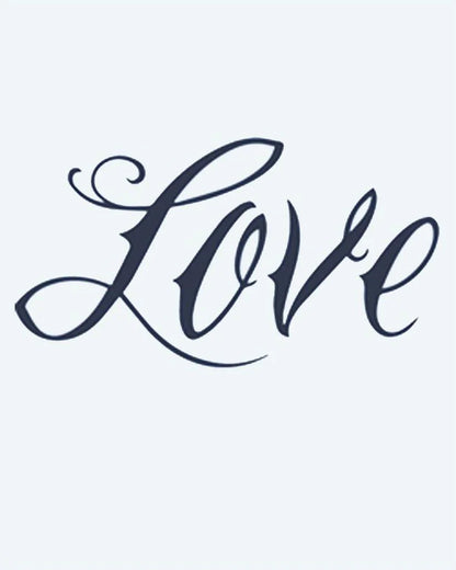 Tatuaje semi-permanente Love Script diseño de INKON – ilustración de caligrafía, letra, deletreando, amor, fluido, 2 x 2 in (5x5cm), disponible en inkon.co
