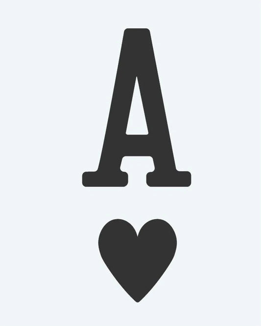 Tatuaje semi-permanente As de Corazones diseño de INKON – ilustración de letra, encima, corazón, traje, símbolo, 2 x 2 in (5x5cm), disponible en inkon.co