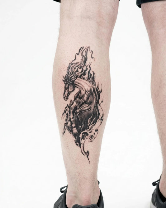 INKON Caballo Salvaje tatuaje semi-permanente aplicado en un hombre – diseño de 4 x 7 in (10x17cm), apariencia de tinta realista, dura 10 días