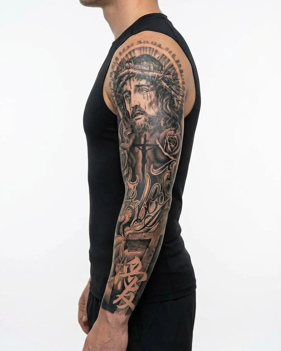 INKON Cristo y Rosas tatuaje semi-permanente aplicado en un hombre – diseño de 8 x 20 in (20x50cm), apariencia de tinta realista, dura 10 días